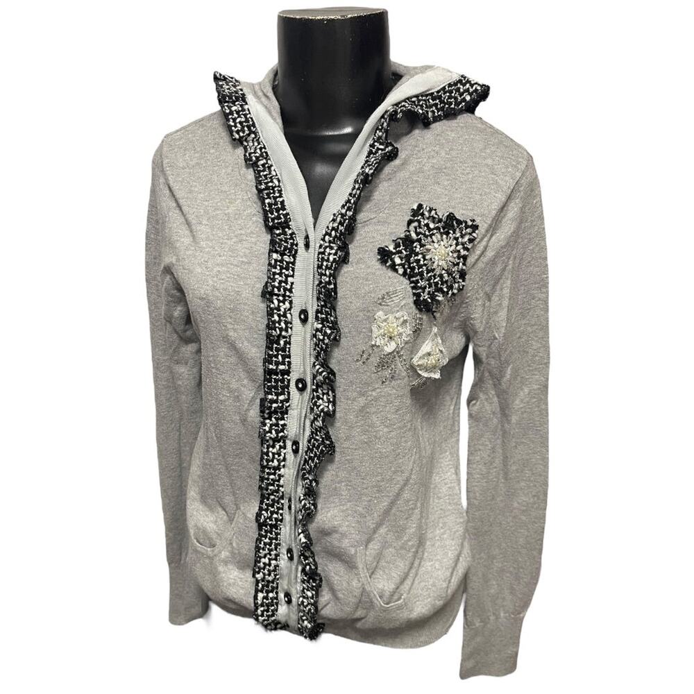 Large Charlotte Womens Gray Cardigan Sweater Hooded Cotton Rosettes - Picture 4 of 12